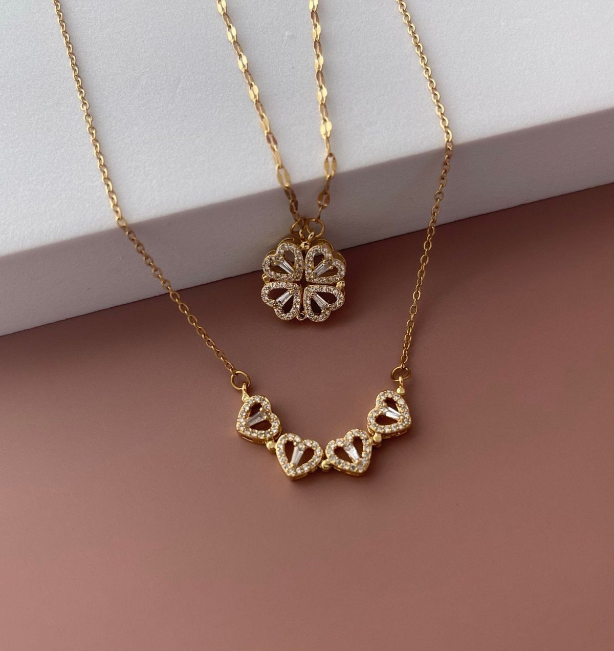 Magnetic Heart Design Gold Plated Clover Pendent