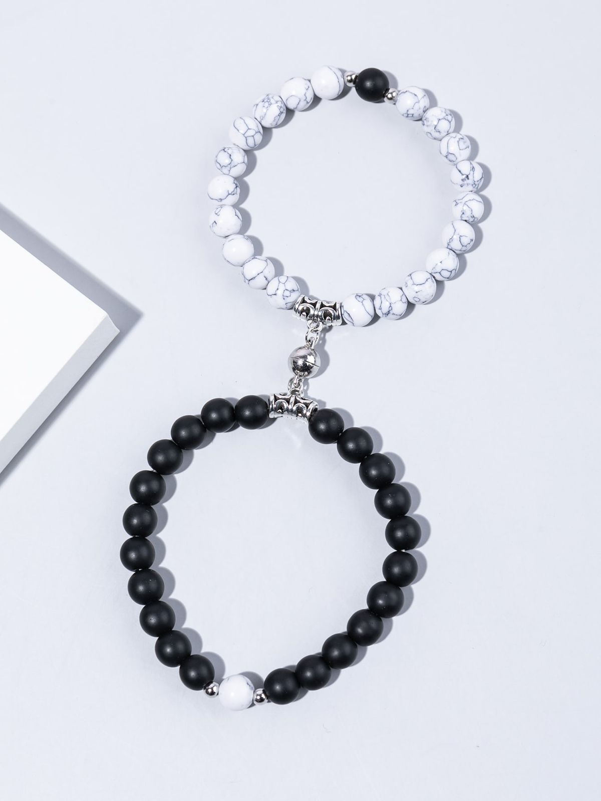 Stylish Couple's Bracelet Set - 2 Piece Unique Design with Beads in Black And White