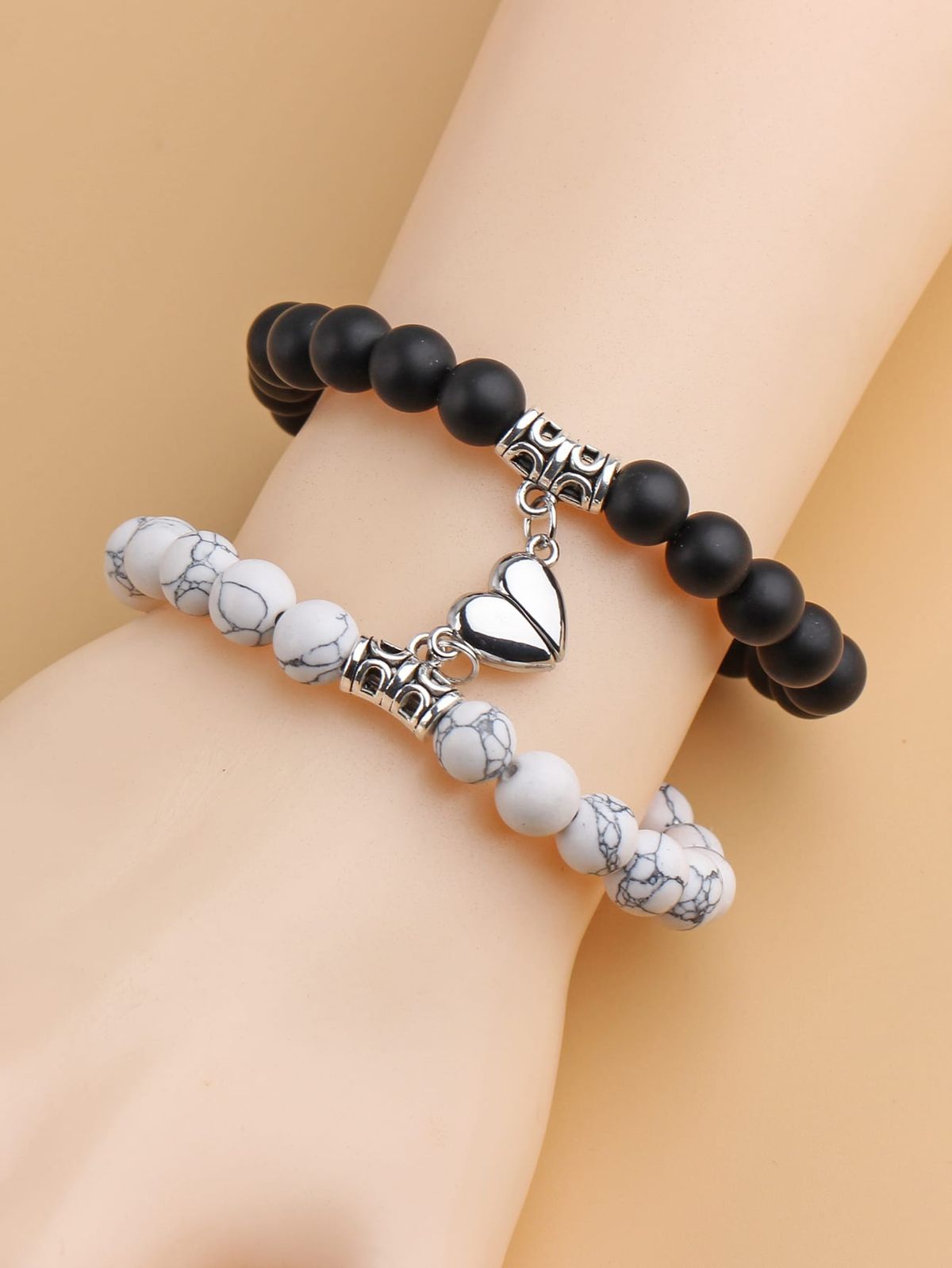 Stylish Couple's Bracelet Set - 2 Piece Unique Design with Beads in Black And White