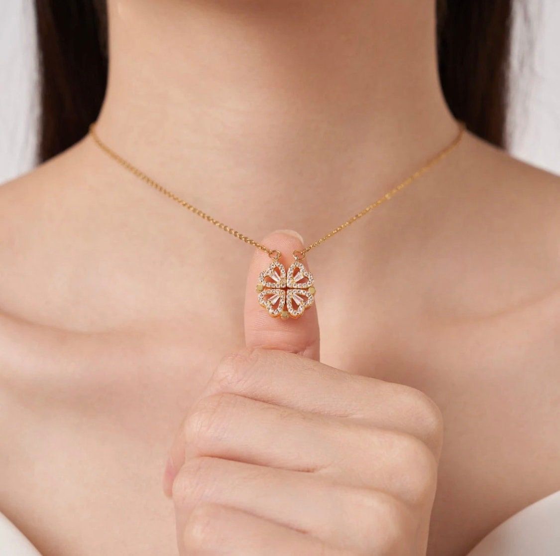 Magnetic Heart Design Gold Plated Clover Pendent