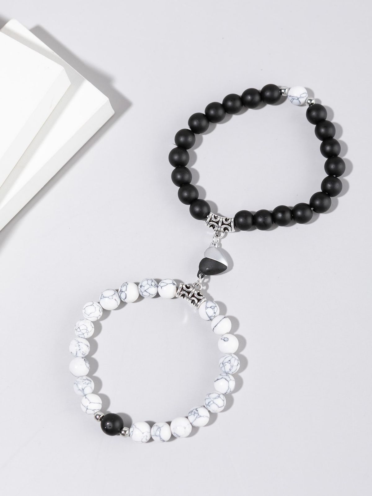 Stylish Couple's Bracelet Set - 2 Piece Unique Design with Beads in Black And White